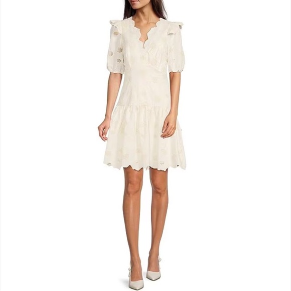 Alex Marie Dresses & Skirts - Alex Marie Embroidered Floral Puff Sleeve Ruffled Hem V Neck Dress Size  16